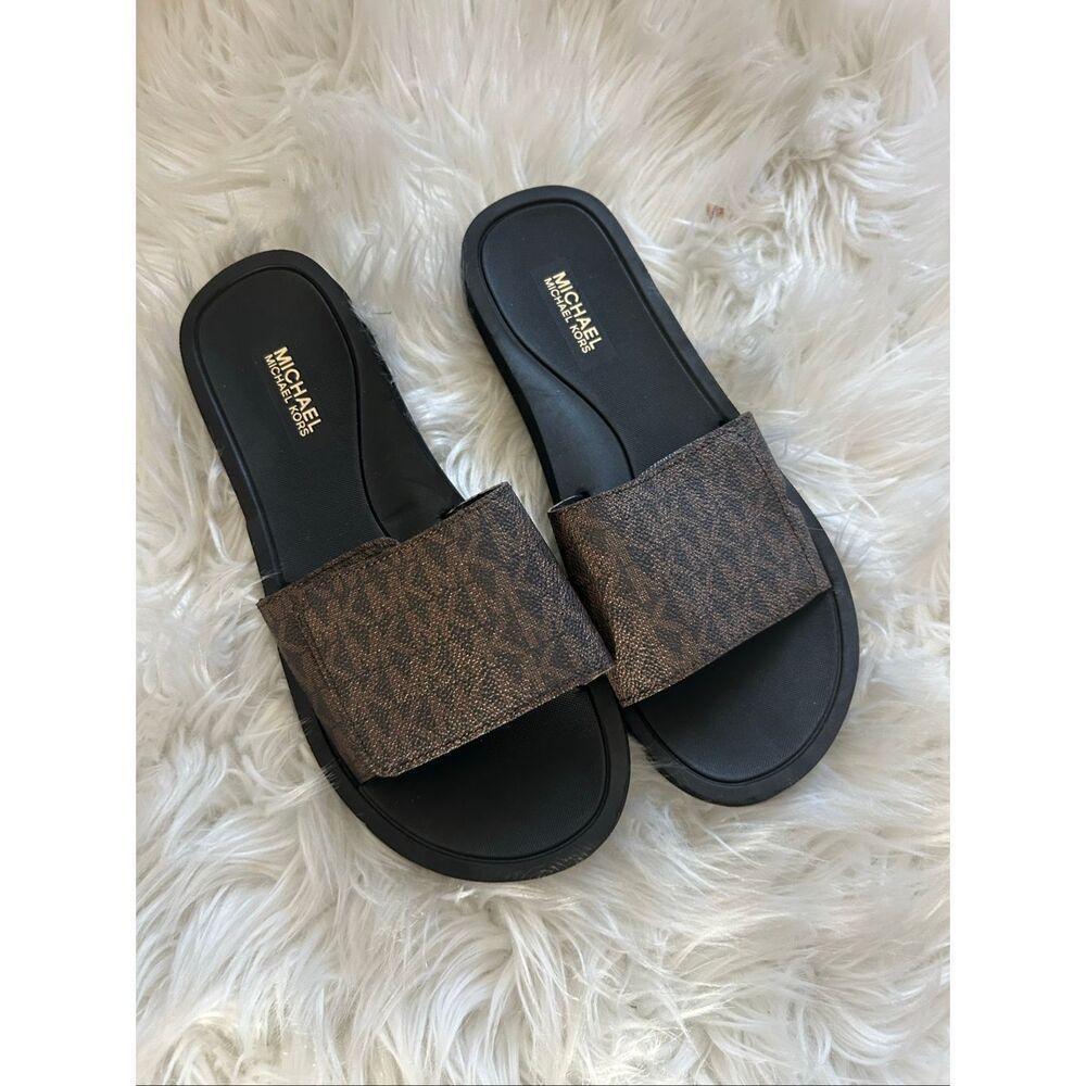 Michael Kors sliders black and brown with signature and size 6